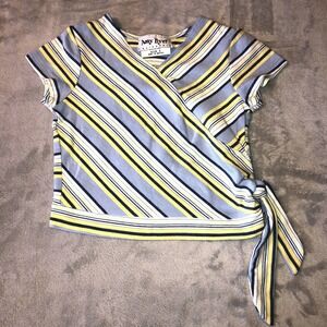 Vtg y2K Amy Byer Shirt Girls Size 5 Blue Yellow Striped Short Sleeve Tie Hem Top